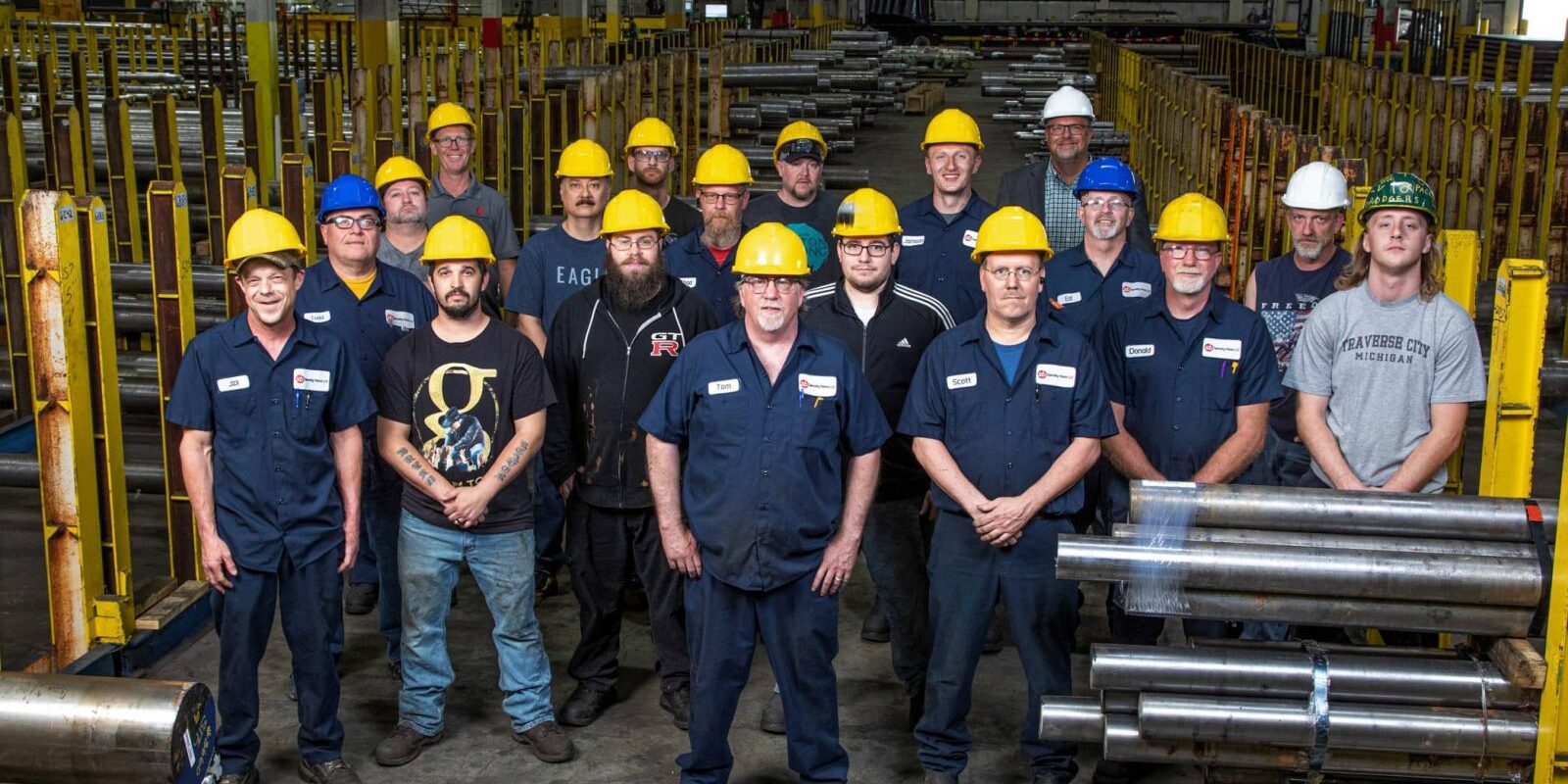 Photo of the warehouse crew in the SB Specialty Metals service center in Vandalia, OH.